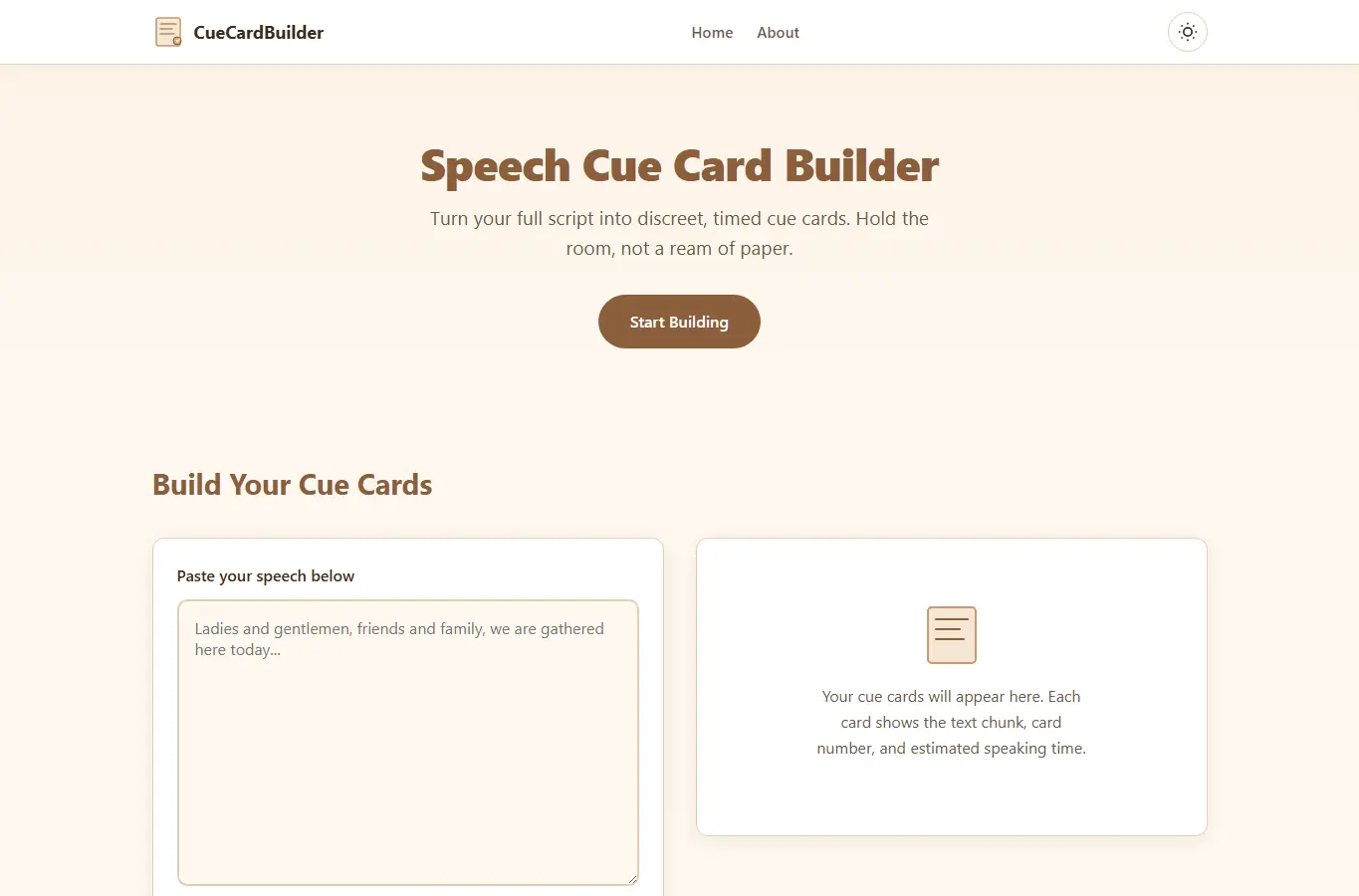 Screenshot of Speech Cue Card Builder – Timed Notes for Confident Delivery interface showing the project page in use